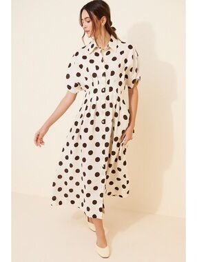 EXQUISE Linen Tobie Polka Dot Waisted Pleated Midi Dress